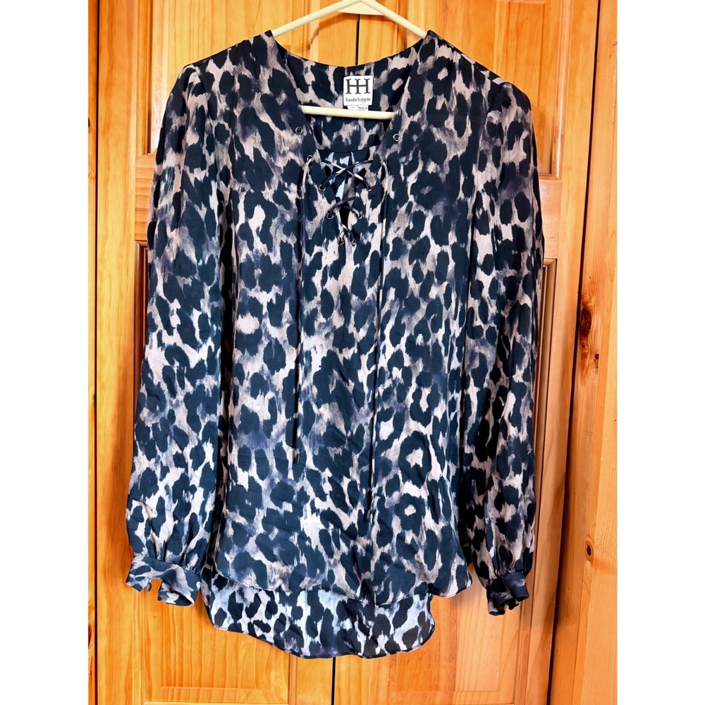 Haute Hippie 100% Silk Leopard Print Lace Up Peasant Blouse Top Boho